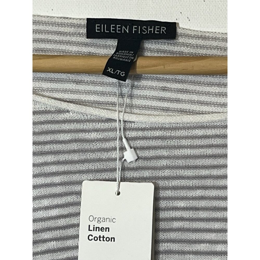 New Eileen Fisher Dove White Gray Stripe Long Sleeve Organic Linen Cotton Top - Picture 6 of 7
